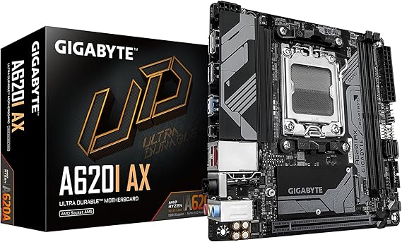 GIGABYTE A620I AX (AM5/ LGA 1718/ AMD/ A620/ Mini-ITX/ / DDR5/ Single M.2/ PCIe 4.0/ USB 3.2 Gen1 Type-C/Realtek Wi-Fi 6E/ Realtek 2.5GbE/ Q-Flash Plus/PCIe EZ-Latch/Motherboard)