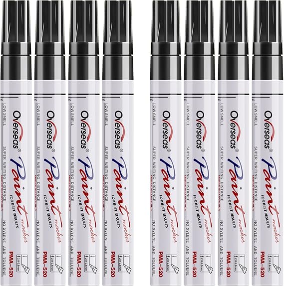 Overseas 8 Black Paint Pens Permanent Markers, Oil Based Paint Markers | Medium Tip, Waterproof, Quick Dry, Fade Resistant, Great Coverage Marker Pen for Metal, Rock, Wood, Rubber, Plastic, Canvas