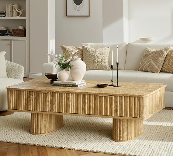 win2win Rectangle Coffee Table with Storage, Faux Marble Top, Boho,Oak