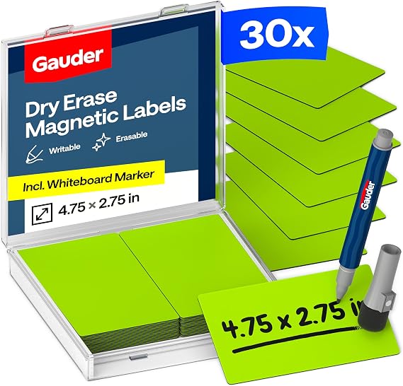 GAUDER Magnetic Labels Writable - Reusable Magnet Tags for Whiteboard, Chalkboard, Kanban Board and Refrigerator - Magnet Cards with Marker (30 Pack - 4.7 x 2.75 Inches)