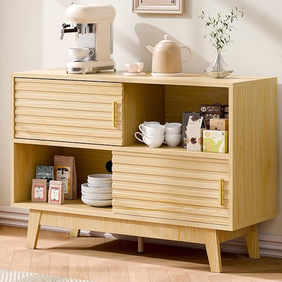 Fluted Buffet Sideboard Oak, Console Table with Sliding Doors