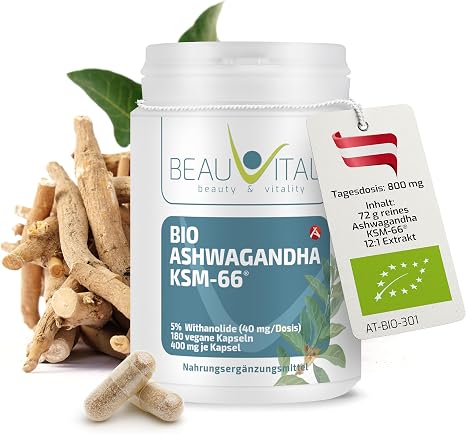 Bio-Ashwagandha KSM-66® [800mg Daily Dose] 180 Ashwagandha Capsules High Dose 12:1 Premium Extract 5% Withanolide Content Laboratory Tested Vegan Anti Stress & Lower Cortisol with BEAUVITAL