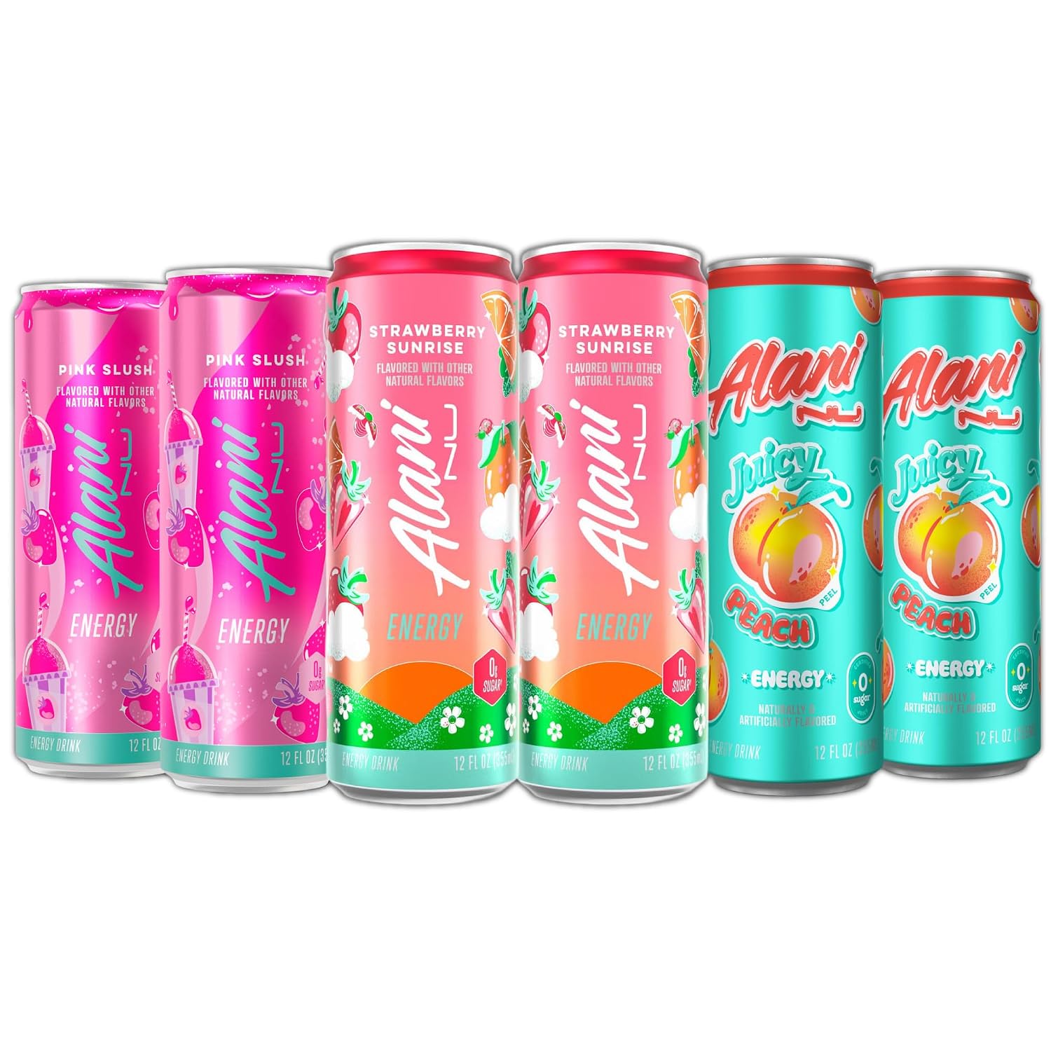 New Alani Energy Drinks Strawberry Sunrise, Pink Slush, Juicy Peach Flavors Variety Pack Sugar-Free, Low-Calorie, 200mg Caffeine, Energy Boost Drink 12 fl oz Pack of 6