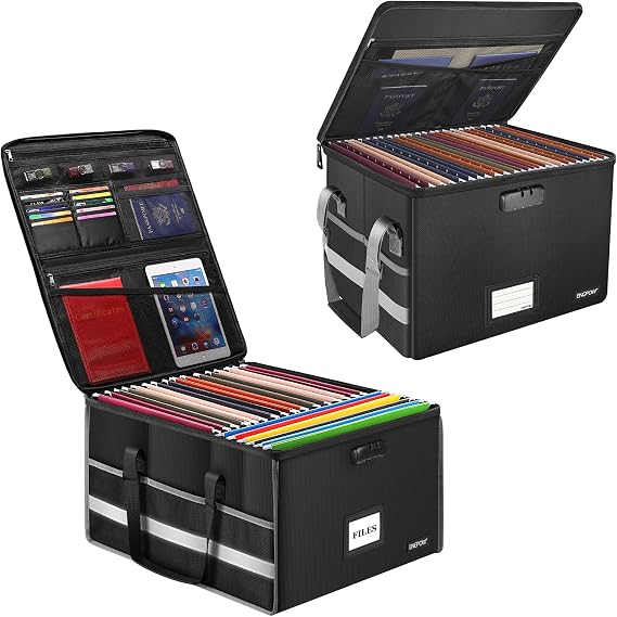 ENGPOW Fireproof File Box with Lock, Document Storage Organizer Box with Inserts and Mesh Pockets