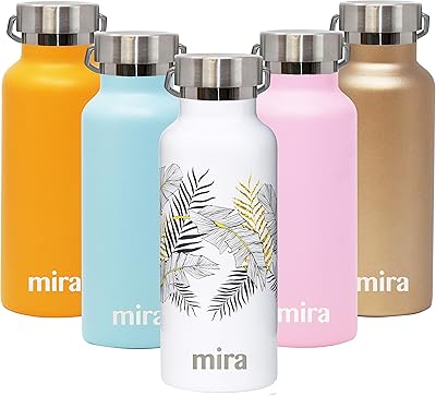 MIRA 17 oz Insulated Water Bottle - Stainless Steel Sports Flask with 2 Lids - Hot and Cold Thermo - Palm