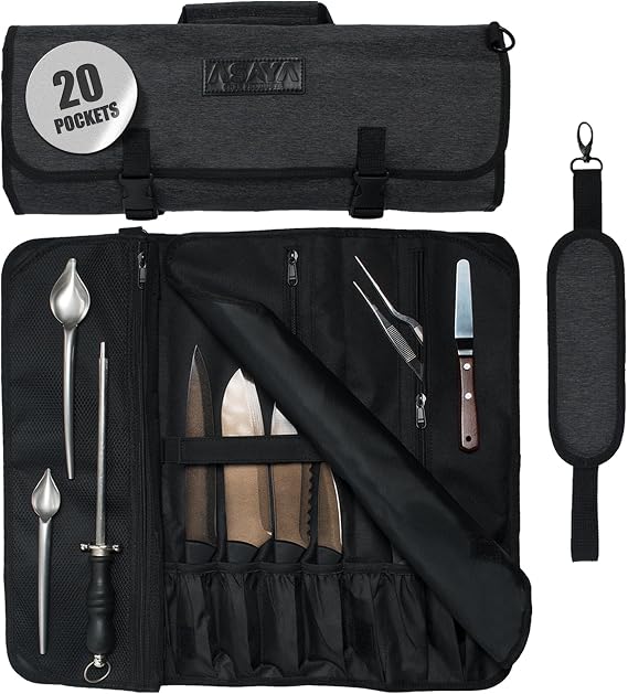 Asaya Waxed Nylon Chef Knife Roll Bag with 20 Slots and Zippered Pockets - Professional Chef Knife Bag & Storage Case, Tool Carrier with Shoulder Strap - Knives Not Included (Black)