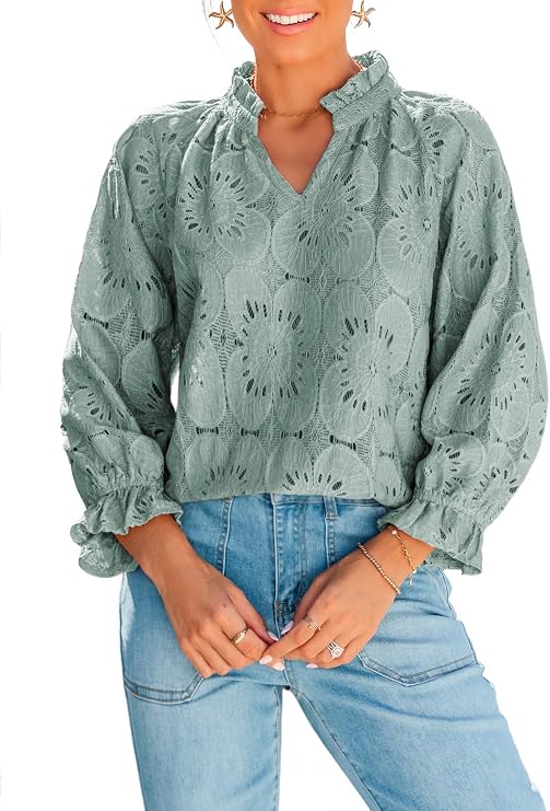 Women's Casual Business Eyelet Lace Blouses Tops V Neck Elegant Boho Tops Work Dressy Shirts Hollow Out Spring Summer