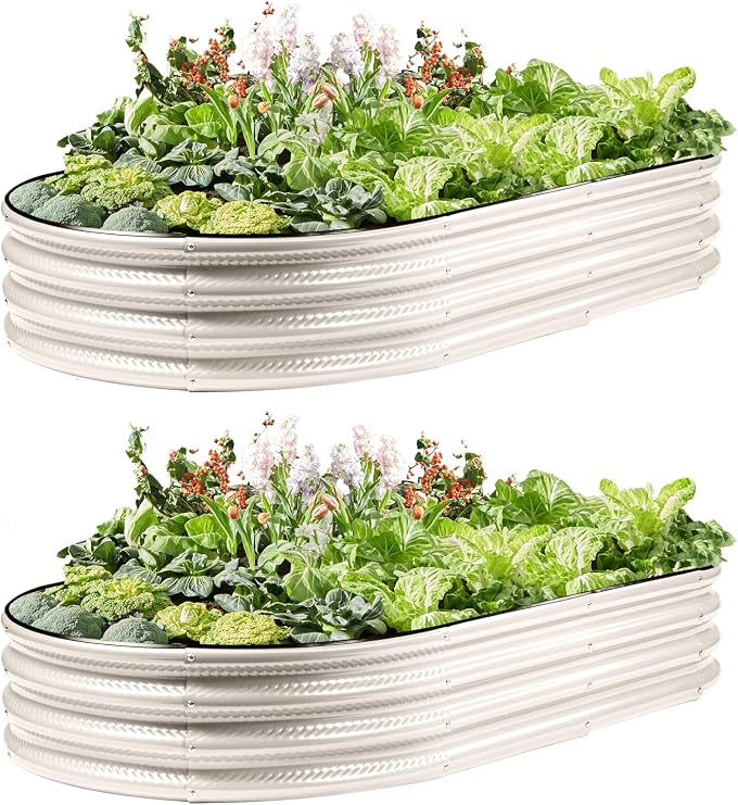 Gartist 2 Pack Raised Garden Bed Kits, 4x2x1FT Cream White Oval Galvanized Outdoor Planter Beds, Easy Assembly Metal Raised Bed for Vegetables, Flowers & Herbs