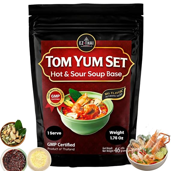 EZ THAI Premium Tom Yum Soup Mix 1.6 oz - Authentic Hot & Sour Soup Base Kit with Dried Herbs & Chili Paste Thai Ingredient for Seafood Tom Yum Goong, Spicy Noodle Broth, Thai Hot Pot