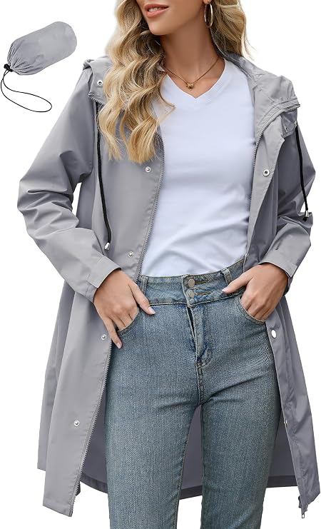Zando Long Packable Rain Jacket Women Waterproof Raincoat with Hood | Relaxed-Fit Lightweight Windbreaker for Women; Travel Rain Coats for Commute, Hiking, Cruise, and Daily wear