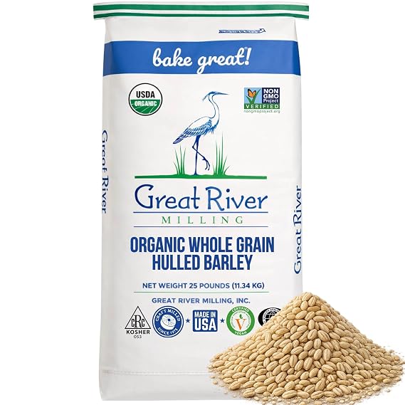 Great River Milling Organic Hulled Barley, Whole Grain, 25 lb