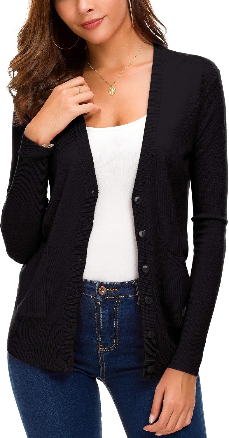 Womens Long Sleeve Open Front Cardigan Sweaters Lightweight Button Down Knit Sweater