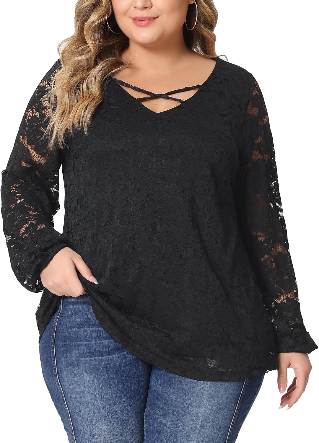 Agnes Orinda Plus Size Lace Blouse for Women Cross V Neck Sheer Double Layers Long Sleeve Shirt Tops