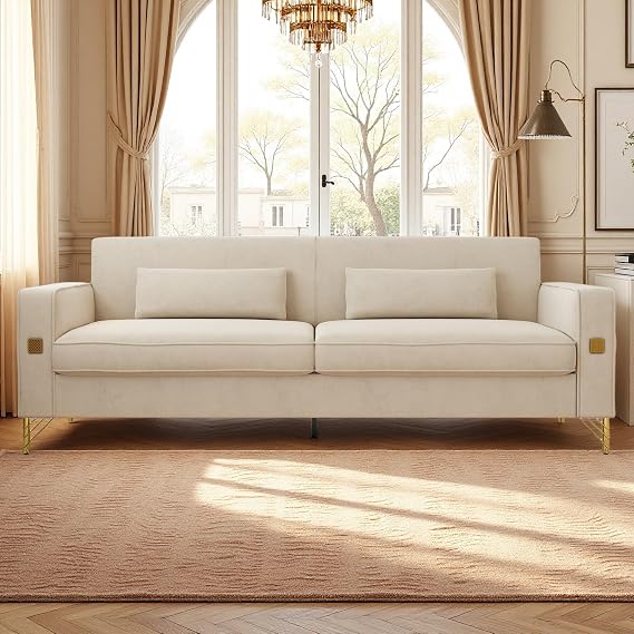 KEIKI 86" Oversized Luxury Velvet Sofa with Armrest and Removable Plush Cushions, Modern Gold Accents 3-Seater Couch with Solid Legs, Easy Assembly, for Living Room, Bedroom, Apartment, Beige