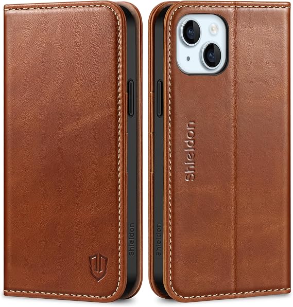 SHIELDON Genuine Leather Case Wallet for iPhone 15 Plus 6.7", Retro Brown