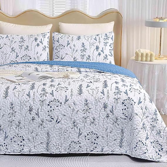 Nanko Quilt Set Queen Full Size 3 Pcs, Blue White Floral Leaf Spring Bedspreads, Soft Lightweight Coverlet Bed Spreads, Farmhouse Thin Quilted Comforter Flower Bedding Set for Women Men, 90x90 Inch