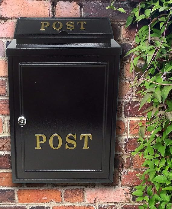 Vintage Decor by DWD® Weatherproof Post Box Plain Design Personalisable-Lockable Heavy Duty Secure Wall Mounted Letter Mail Post Box Post for Walls/Gates/Garages.Charming, (Black with Gold Post Sign)