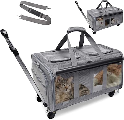 GJEASE Cat Rolling Carrier for 2 Cats,Double-Compartment Pet Rolling Carrier with Wheels for 2 Pets,for Up to 35 LBS,Super Ventilated Design, Ideal for TravelingHikingCamping