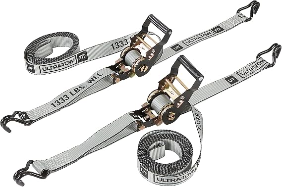 Ultra-Tow XTP Gray 1.5 in. x 14ft. Automatic Self-Tension Ratchet Strap with J-Hooks, 4,000-Lb. Breaking Strength, 1,333-Lb. Working Load