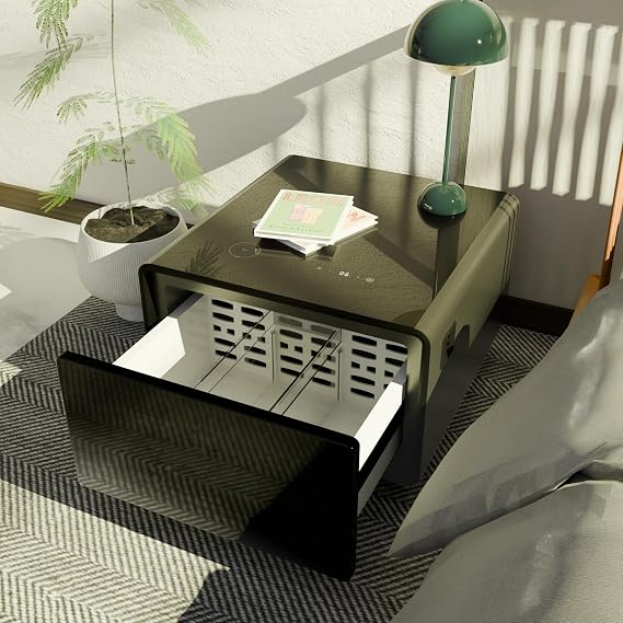 GOWE Modern Smart Side Table with Built-in Fridge, Wireless Charging, Temperature Control, Power Socket, USB Ports, Outlet Protection, Induction Light, Black