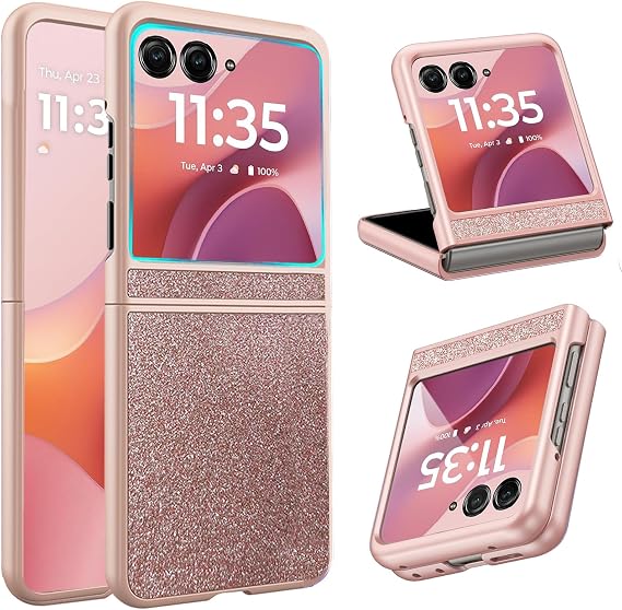 for Motorola Razr 2026/2025/2024 Glitter Leather Case with Built-in Screen Protector,Slim Thin Shockproof Protective Cover for Moto Razr 2026/2025/2024,Glitter Rose Gold