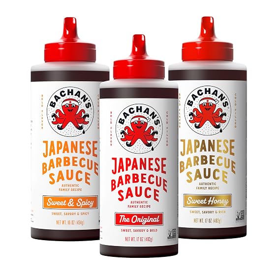 Bachan's Japanese Barbecue Sauce Variety Pack - Original, Honey, and Sweet & Spicy, 3-Pack 17 oz Bottles, Cold-Filled, Non-GMO, Vegan, No Preservatives, BPA-Free - For Wings, Chicken & Steak