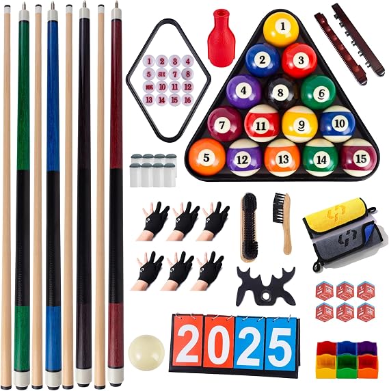 Billiards Accessory Kit – Pool Cue Sticks, Balls, Triangle Rack, Chalk, Brushes, Gloves & Manual Scoreboard – All-in-One Kit for Home Game Room