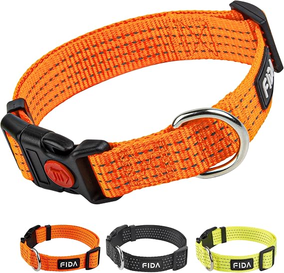 Fida Reflective Nylon Dog Collar with Neon Color for Medium Dogs, Orange