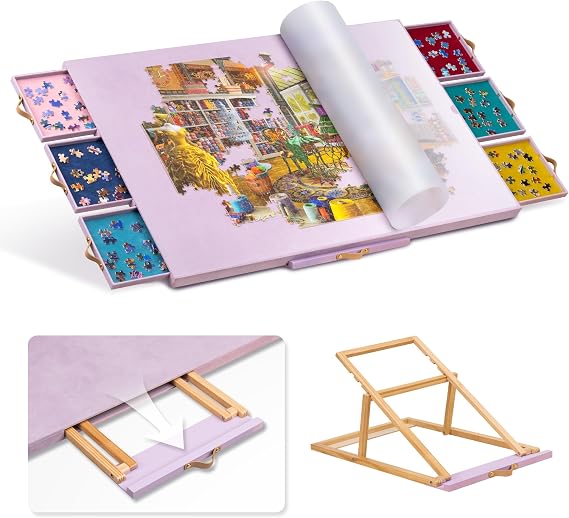 Jigsaw Puzzle Table with Integrated Adjustable StandBracket and Cover, 3-Tilting-Angle Portable Puzzle Board with 6 Sorting Drawers, Non-Slip Flannelette Covered for Up to 1500 Pieces