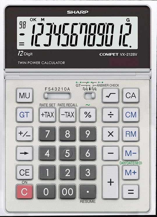 Sharp 12-Digit Dual Power Desktop Calculator, Silver/Black (VX2128V)