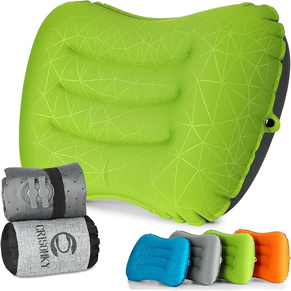 Crisonky Camping Pillow - Inflatable Pillow - Travel Pillows for Backpacking & Airplane, Lumbar Support 2.0 Dual-Valve Blow Up Pillow, Ultralight Compressible, Comfortable, Ergonomic Pillows