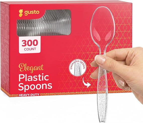 GUSTO [300 Pack] Heavyweight Clear Plastic Tea Spoons with Engraved Design - Disposable Sturdy Plastic Utensils for Parties, Weddings, and Events (Formerly Comfy Package)