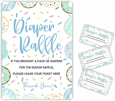 Diaper Raffle Game Set For Baby Shower - Colorful Donuts,Gender Reveal Theme - 1 Standing Sign with 50 Tickets, Baby Announcement Party Supplies & Decoration - C04