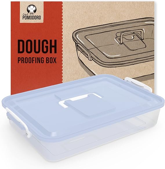Chef Pomodoro Pizza Dough Proofing Box with Lid, 14x11 In, Blue | ABS plastic pizza dough proofing container, fits 4-6 dough balls, stackable, transparent lid, carry handle