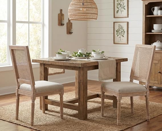 CIMOTA Farmhouse Dining Chairs Set of 2, French Rattan Dining Room Chairs with Rectangle Back/Distressed Wood Upholstered Vintage Side Chairs for Kitchen/Restaurant, Beige/2PCS