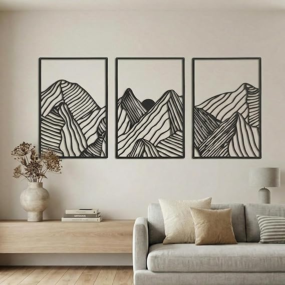 Peryiter 3 Pcs Metal Wall Art Decor Landscape Mountain Wall Hanging Decor for Living Room Abstract Minimalist Modern Mountain Line Pictures Bathroom Office Home Gifts Indoor(Black)