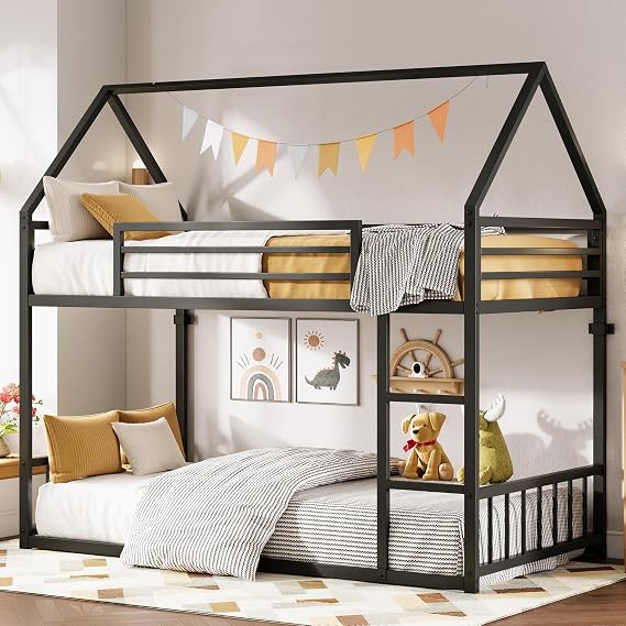 LIKIMIO Bunk Bed Twin XL Over Twin XL, House Bed Frame with Ladder, Black