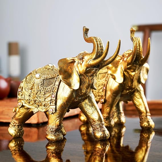 Lucky Elephant Statue,2Pack 7" Elephant Decor,Elephants Figurine for Home Decor Unique and Ornament for Living Room,Table Centerpiece Shelf and Office Adds(Resin Craft)