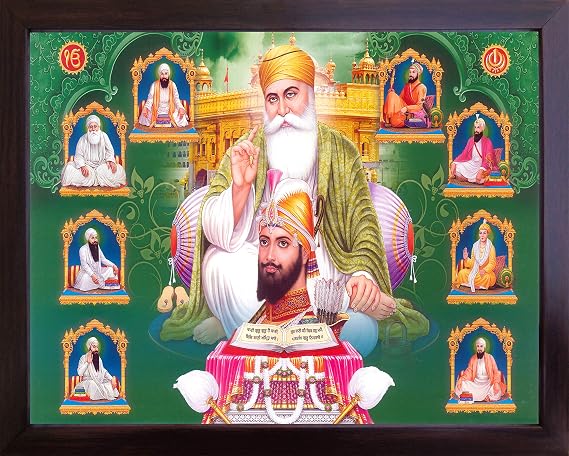 Handicraft Store Gurunanak Dev Ji giving blessings with other gurus, A picture Poster with unbreakable acrylic glass frame in the size of 28.5 by 21.5 cms