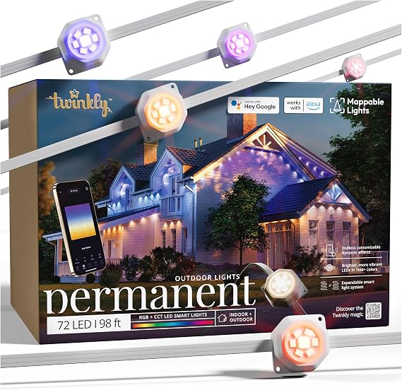 Twinkly Permanent Outdoor Lights, Smart RGB + CCT Outdoor Lights, Mappable and Customizable, Cuttable 98 Feet, 72 LED Lights, IP67 Waterproof for Patio Decorations, Compatible with Alexa, Google
