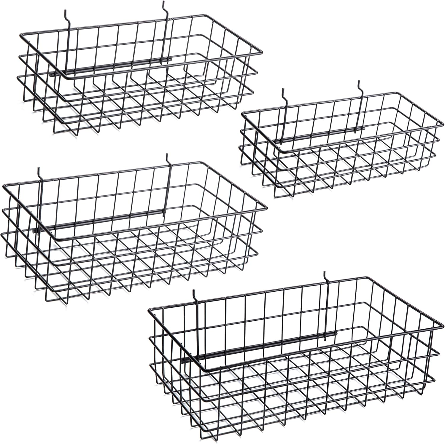 Pegboard Baskets, Set of 4 Black - Hooks to Any Peg Board - Pegboard Accessories, Square Style Wire Shelf Baskets - Organize Tools, Workbench, Garage Storage - Wall Organizer Attachments