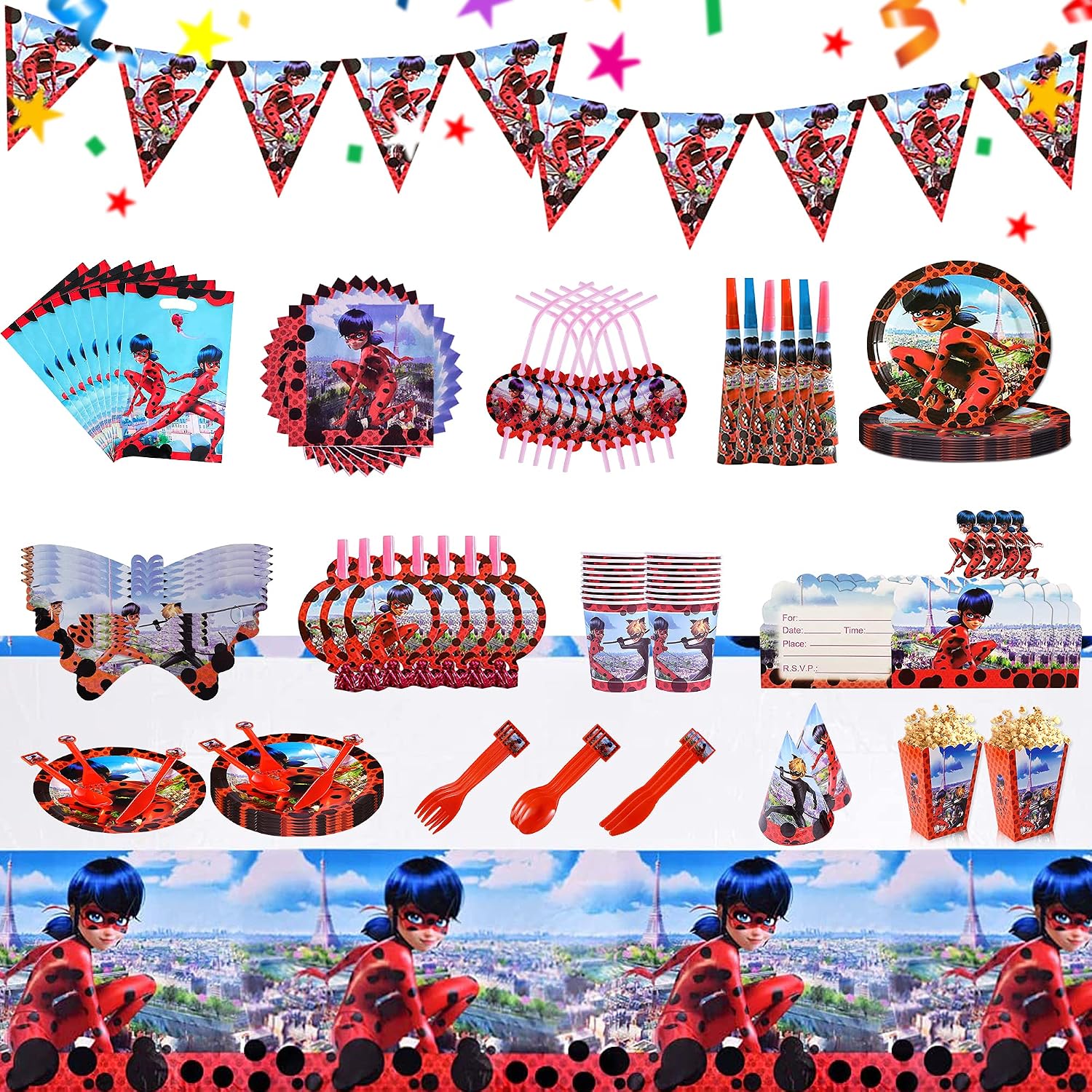 Ladybug Party Supplies, Ladybug Party Decorations Include Napkins, Tablecloths, Triangle Banners, Gift Bags, Plates, Hats, Speakers, Cups, Invitation Cards,Cutlery Set of 136