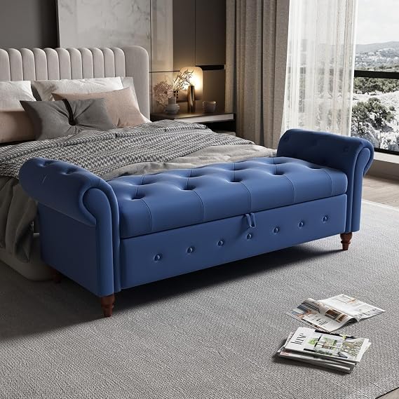 JINS&VICO 63" Storage Ottoman Bench, Button Tufted End of Bed Bench with Rolled Arms, Storage Bench with Solid Wood Legs, for Living Room, Bedroom, Entryway, Navy Blue