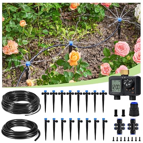 HIRALIY 82FT Drip Irrigation Kit with 2-Zone Garden Water Timer | Automatic Watering System with Quick-Connect Drippers, Rechargeable Irrigation Timer Kit for Raised Beds, Patio, Greenhouse