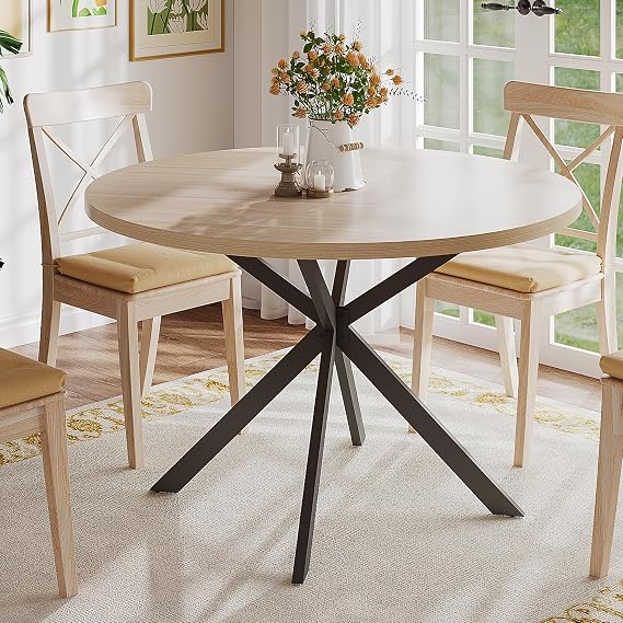 ChooChoo 47.2 Inch Round Dining Table for 4 | Farmhouse Wood Kitchen Table, Circle Dinner Table for Kitchen & Dining Room, Natural Oak