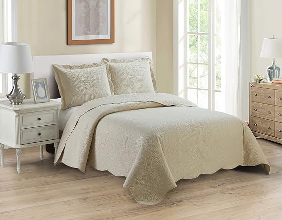 Home Collection 3pc Full/Queen Over Size Luxury Embossed Bedspread Set Light Weight Solid Beige New