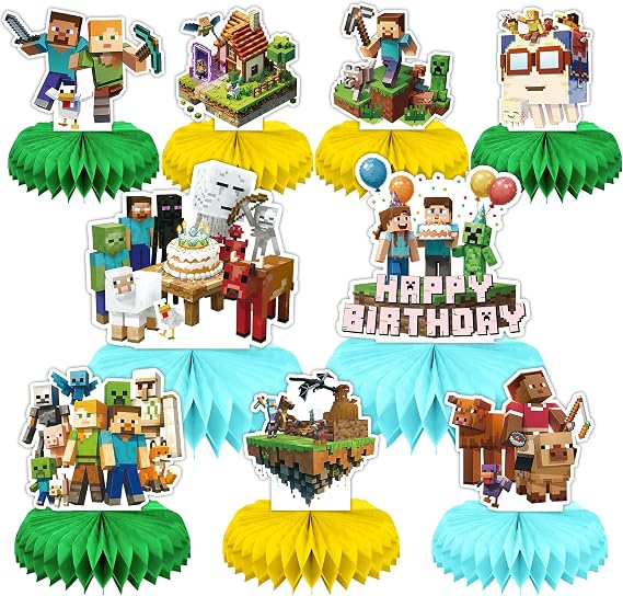 9 PCS Pixel Birthday Party Decorations for Kids, Happy Birthday Honeycomb Centerpieces for Table, Birthday Party Decorations Decor Supplies for Boys Girls