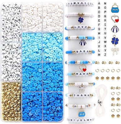 3500 Pcs Blue Clay Beads Kit for Bracelets Making: Letter, Pony, Flat Heishi, Loose Spacer Beads for Jewelry Making Supplies