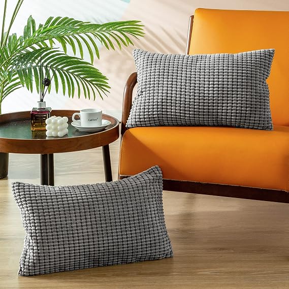 CaliTime Decorative Couch Throw Pillow Covers 20 X 12 Inches Medium Grey | Pack of 2 Comfy Corduroy Corn Striped Waffle Cushion Cases for Sofa Bed Living Room Farmhouse Home