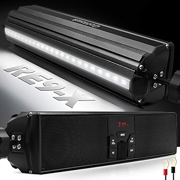 GoHawk Motorcycle Speakers Bluetooth - Built-in Amplifier Waterproof Radio Audio System, AUX/FM Radio/USB MP3 Player with LED Lights for Harley, Dirt Bike, UTV, ATV